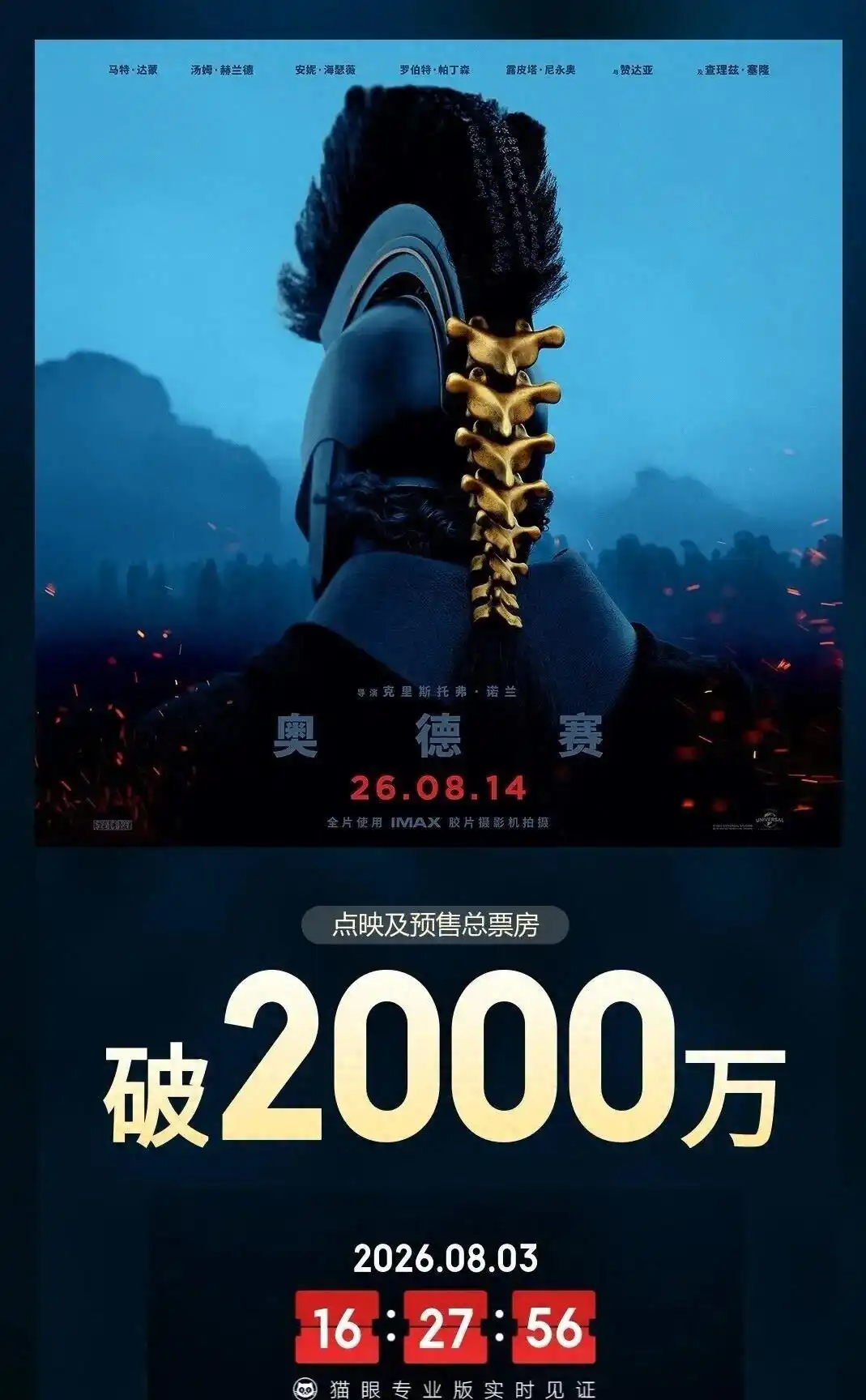 《奥德赛》映前11天点映预售破2000万，豆瓣8.3分口碑领跑