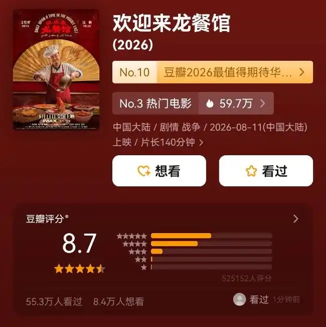 《欢迎来龙餐馆》好评如潮 豆瓣评分飙至8.7