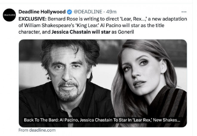 莎士比亚的经典戏剧《李尔王》即将被改编成电影，帕西诺将与三名劳模姐合作。