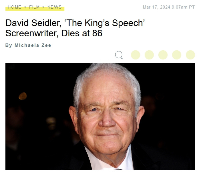 《国王的演讲》编剧大卫·塞德勒享年86岁去世，曾赢得奥斯卡最佳原创剧本奖