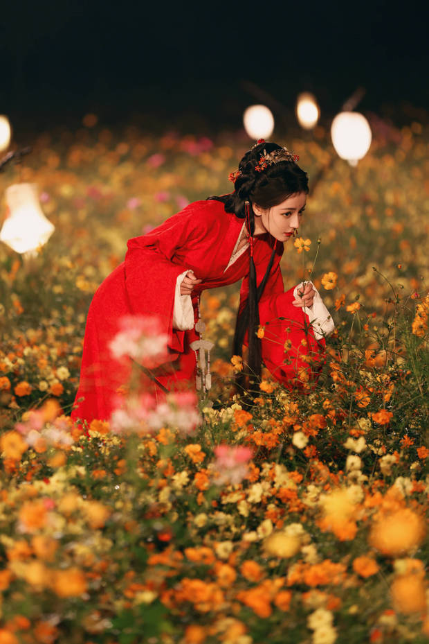 迪丽热巴红衣花海中垂眸，明艳动人-1