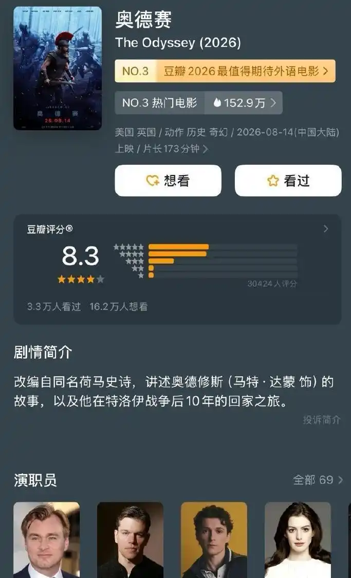 《奥德赛》电影映前11天点映预售票房冲破2000万,豆瓣评分暂居8.3