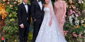 何猷君奚梦瑶亮相好友婚礼，粉裙彰显优雅气质